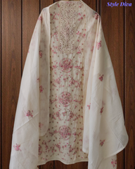Elegant Pure Cotton Thread Embroidered Un-Stitched Suit with Pearl Work and Cotton Dupatta