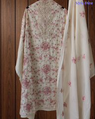 Elegant Pure Cotton Thread Embroidered Un-Stitched Suit with Pearl Work and Cotton Dupatta