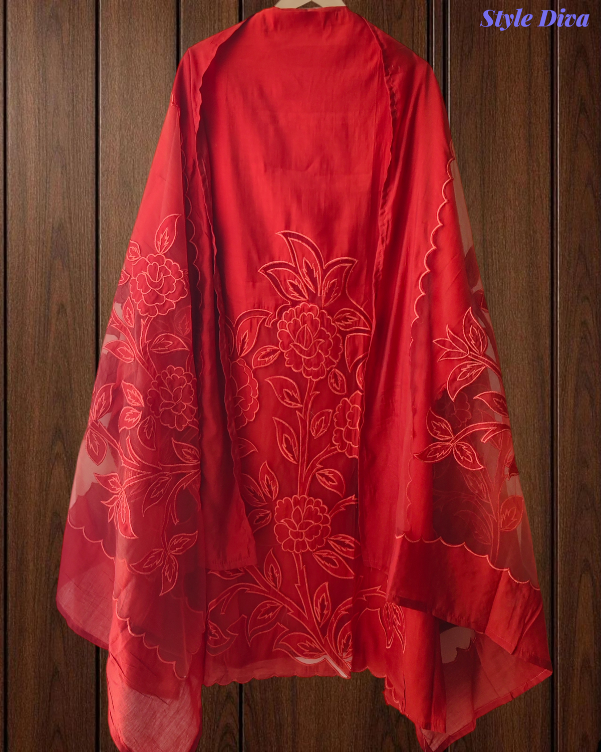 (Rust )Designer Modal Laser Cut Applique Work Un-Stitched Suit Set