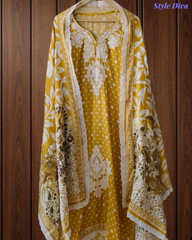 Muslin Digital Print Un-Stitched Suit with Applique Work and Crochet Lace