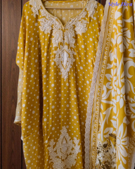 Muslin Digital Print Un-Stitched Suit with Applique Work and Crochet Lace