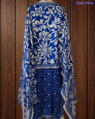 Muslin Digital Print Un-Stitched Suit with Applique Work and Crochet Lace