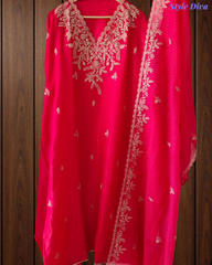 Festive Muslin Shimmer Zardosi Work Un-Stitched Suit Set