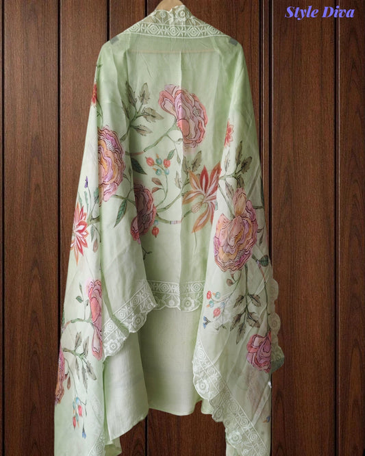 Georgette Lucknowi Embroidered Un-Stitched Suit with Crochet Lacing & Digital Print Dupatta