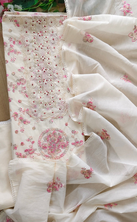Elegant Pure Cotton Thread Embroidered Un-Stitched Suit with Pearl Work and Cotton Dupatta