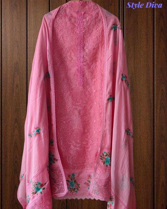 Pure Cotton & Organza Embroidered Un-Stitched Suit Set