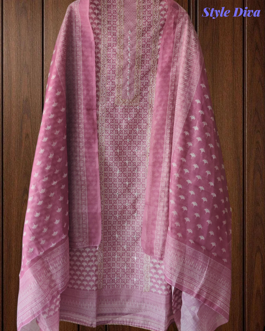 Maheshwari Zari & Mirror Work Un-Stitched Suit Set