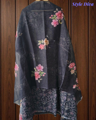 Linen Digital Print Kurta Set with Overall Knot Work & Matching Dupatta