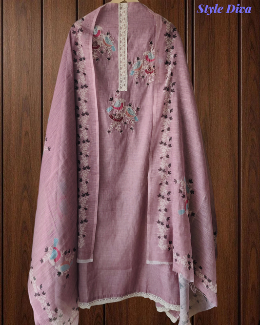 Cotton Linen Digital Print Unstitched Suit with Crochet Lacing & Zari Highlights