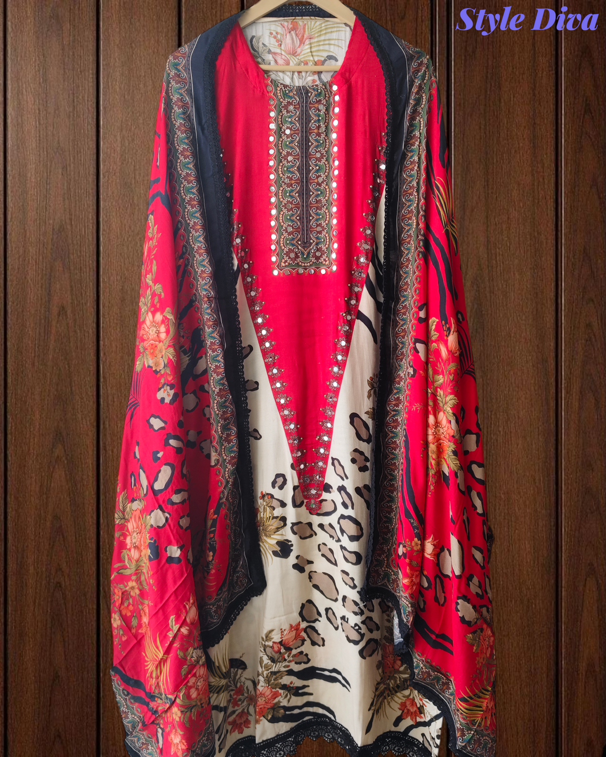 Muslin Digital Printed Semi-Stitched Suit with Mirror Work & Croatia Lacing