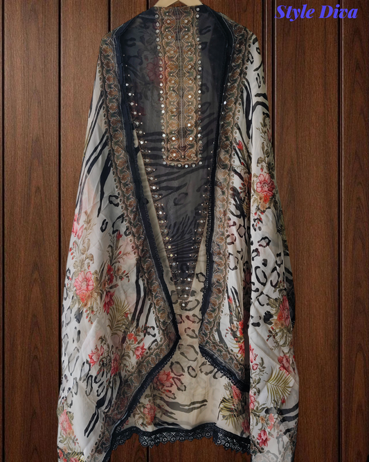 Radiant Organza Mirror Work Digital Print Suit - draft