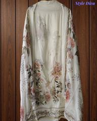 Premium Organza Digital Print Unstitched Suit with Gotta Highlighting Work