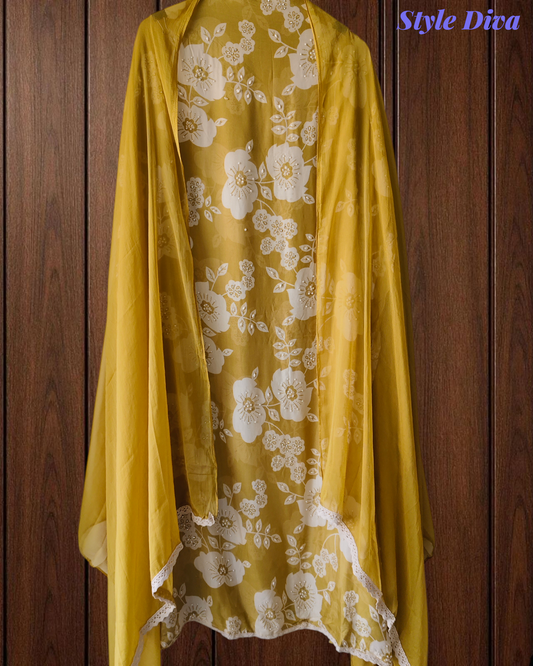 Muslin Digital Print Kurta with Crochet Lacing & Pearl Highlight Unstitched Suit