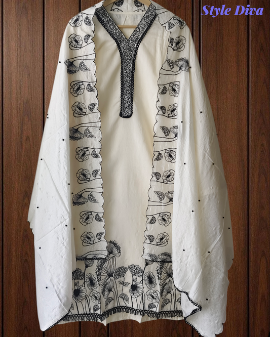Muslin Thread Embroidery Semi-Stitched Suit with Scalloped Dupatta & Pearl Work