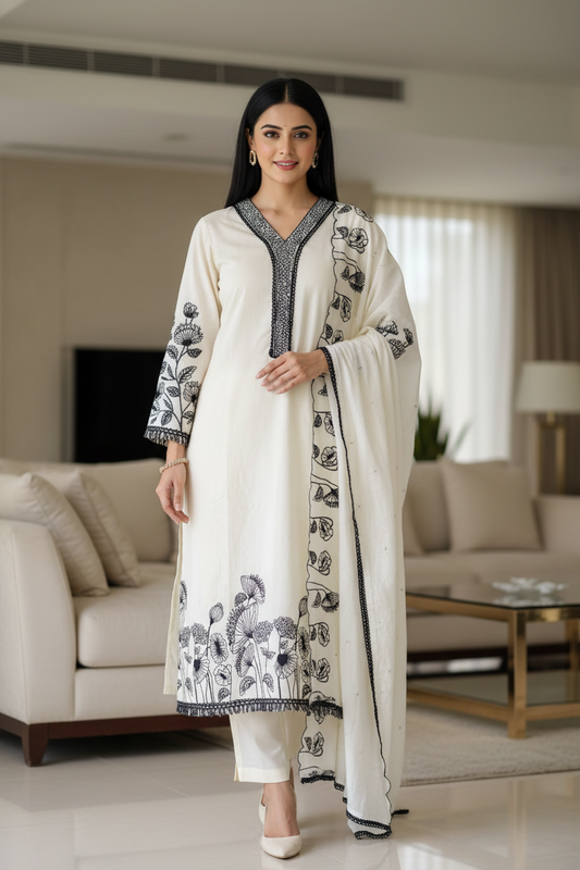 Muslin Thread Embroidery Semi-Stitched Suit with Scalloped Dupatta & Pearl Work