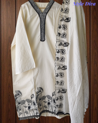 Muslin Thread Embroidery Semi-Stitched Suit with Scalloped Dupatta & Pearl Work