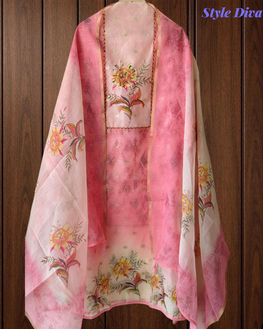 Kota Digital Printed Un-Stitched Suit with Knot & Sequin Highlighting