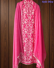 Muslin Digital Print Kurta with Crochet Lacing & Pearl Highlight Unstitched Suit