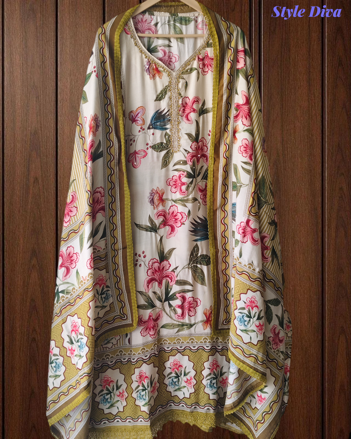 Muslin Digital Print Semi-Stitched Suit with Crochet Lacing & Sequence Cut-Dana Work