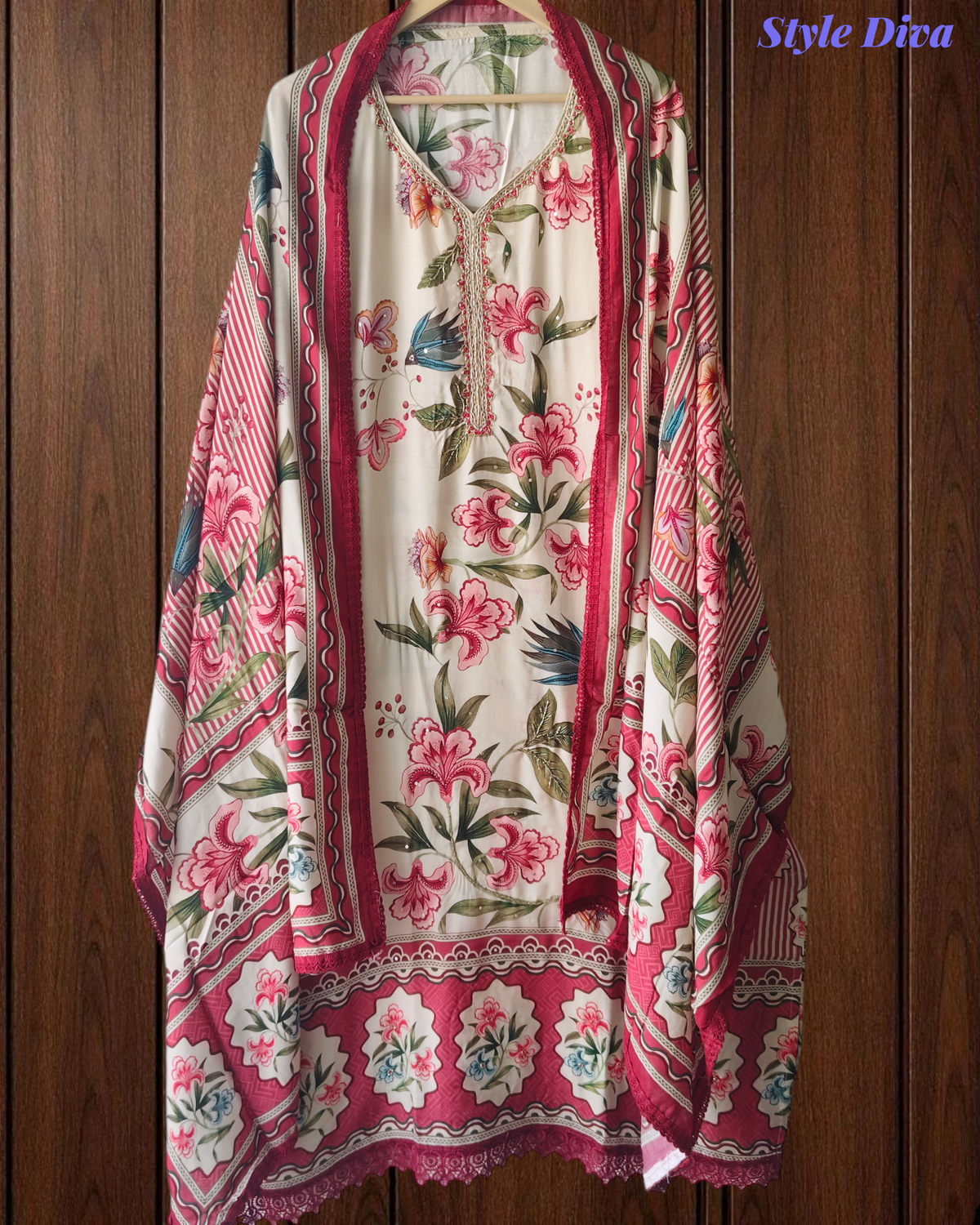 Muslin Digital Print Semi-Stitched Suit with Crochet Lacing & Sequence Cut-Dana Work