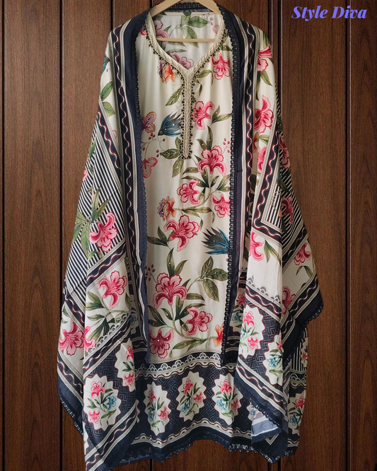 Muslin Digital Print Semi-Stitched Suit with Crochet Lacing & Sequence Cut-Dana Work