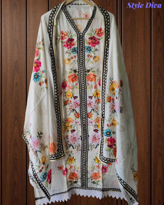 Muslin Digital Print Semi-Stitched Suit with Crochet Lacing & Sequence Cut-Dana Work