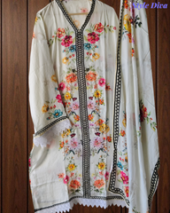 Muslin Digital Print Semi-Stitched Suit with Crochet Lacing & Sequence Cut-Dana Work