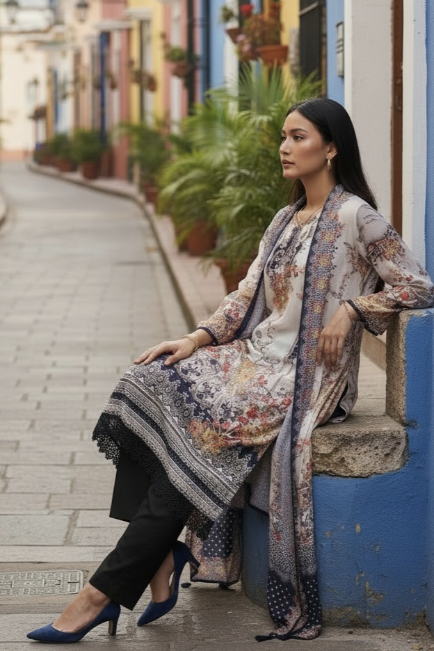 Muslin Digital Printed Semi-Stitched Suit with Crochet Lacing and Zari Highlighting
