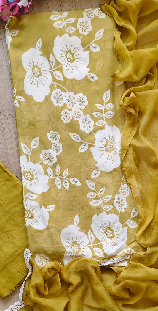Muslin Digital Print Kurta with Crochet Lacing & Pearl Highlight Unstitched Suit