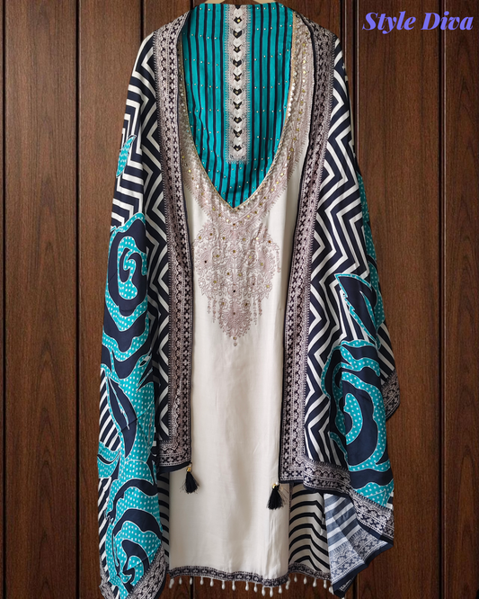 Trending - Muslin Digital Print Semi-Stitched Suit with Mirror Highlighting