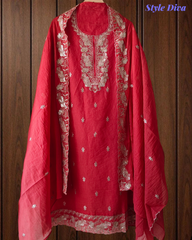 Soft Mul Chanderi Embroidered Unstitched Suit with Scalloped Dupatta With Sequnce Work