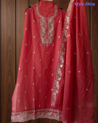 Soft Mul Chanderi Embroidered Unstitched Suit with Scalloped Dupatta With Sequnce Work