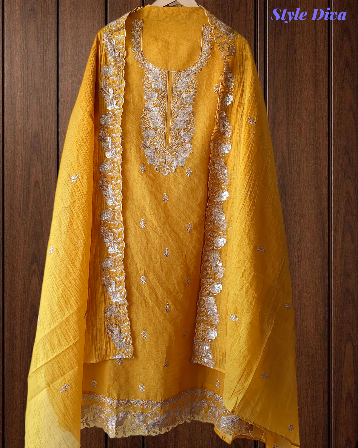 Soft Mul Chanderi Embroidered Unstitched Suit with Scalloped Dupatta With Sequnce Work