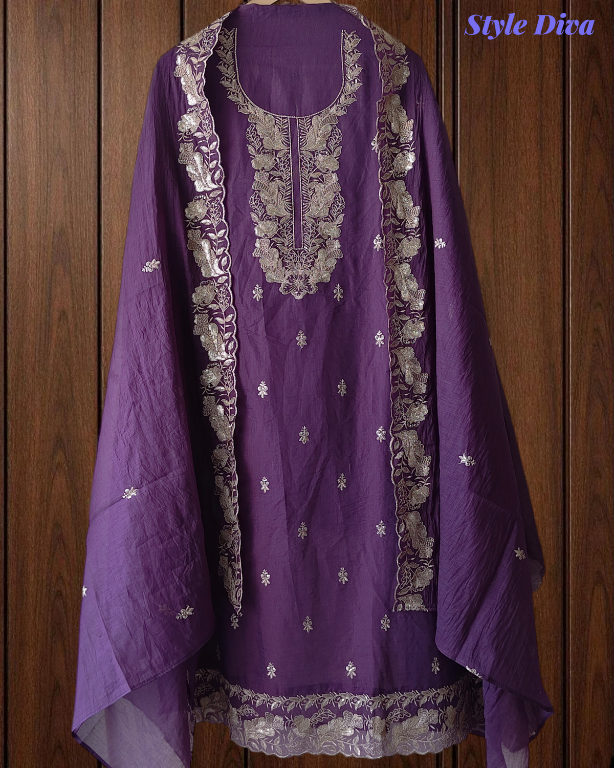 Soft Mul Chanderi Embroidered Unstitched Suit with Scalloped Dupatta With Seqeunce Work