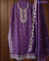 Soft Mul Chanderi Embroidered Unstitched Suit with Scalloped Dupatta With Seqeunce Work