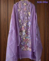 Organza 3D Embroidery Patch Work Unstitched Suit with Embroidered Dupatta
