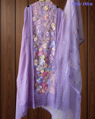 Organza 3D Embroidery Patch Work Unstitched Suit with Embroidered Dupatta