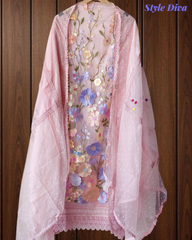 Organza 3D Embroidery Patch Work Unstitched Suit with Embroidered Dupatta
