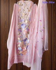Organza 3D Embroidery Patch Work Unstitched Suit with Embroidered Dupatta