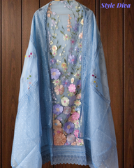Organza 3D Embroidery Patch Work Unstitched Suit with Embroidered Dupatta