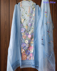 Organza 3D Embroidery Patch Work Unstitched Suit with Embroidered Dupatta