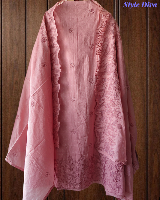 Cotton Self-Design Kurta with Thread Embroidery & Laser Cut-Work Suit Set