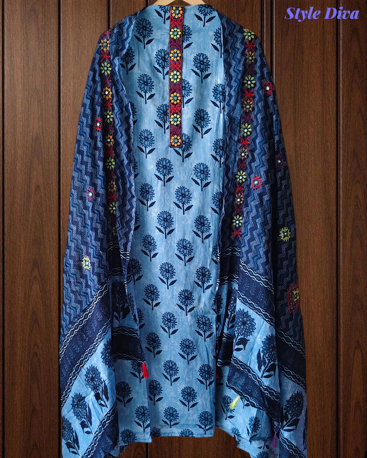 Pure Cotton Block Print Effect Suit with Kantha Work & Printed Dupatta