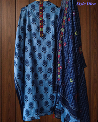 Pure Cotton Block Print Effect Suit with Kantha Work & Printed Dupatta