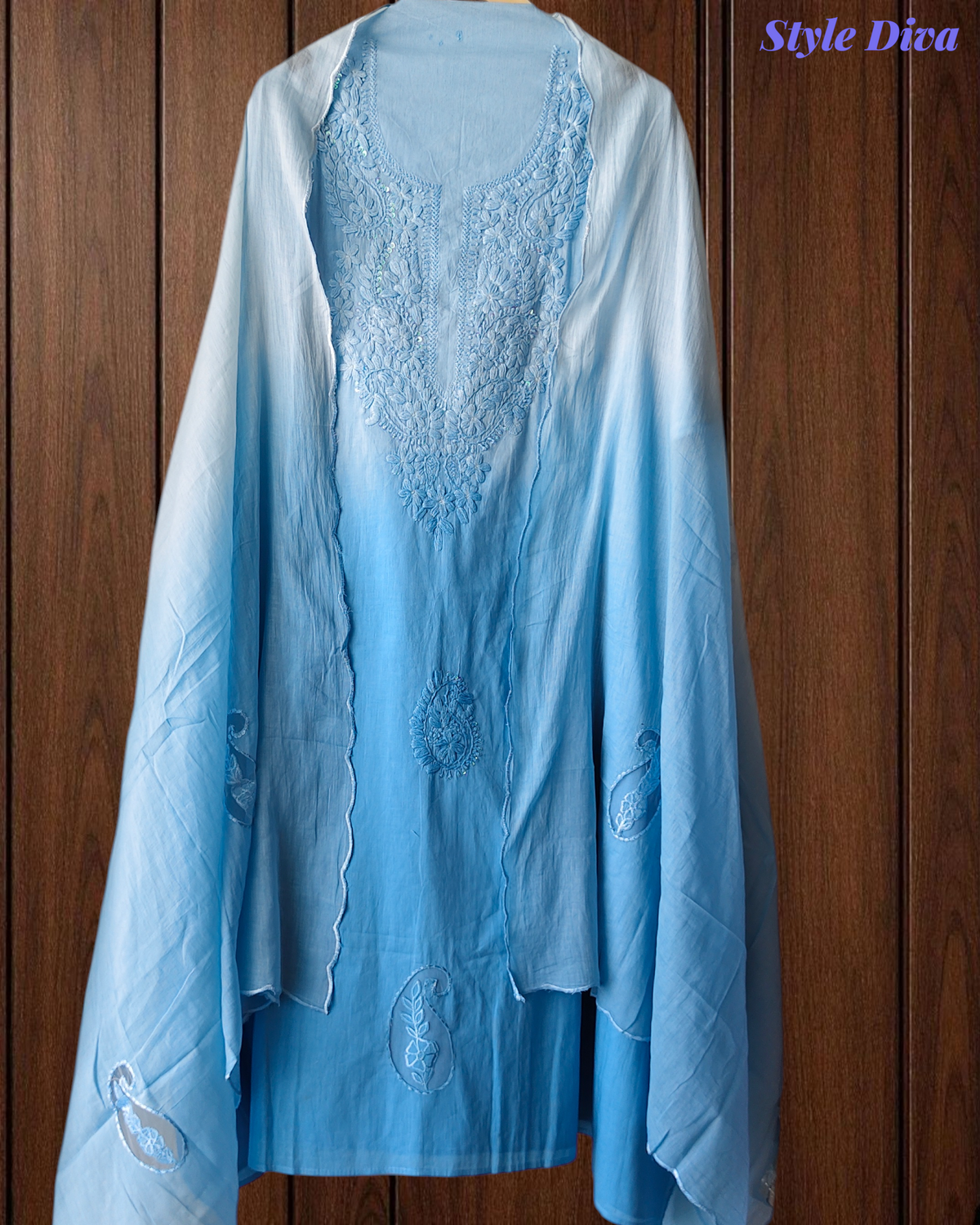 Pure Cotton Ombre Chikan-Kari Unstitched Suit with Mul Cotton Dupatta