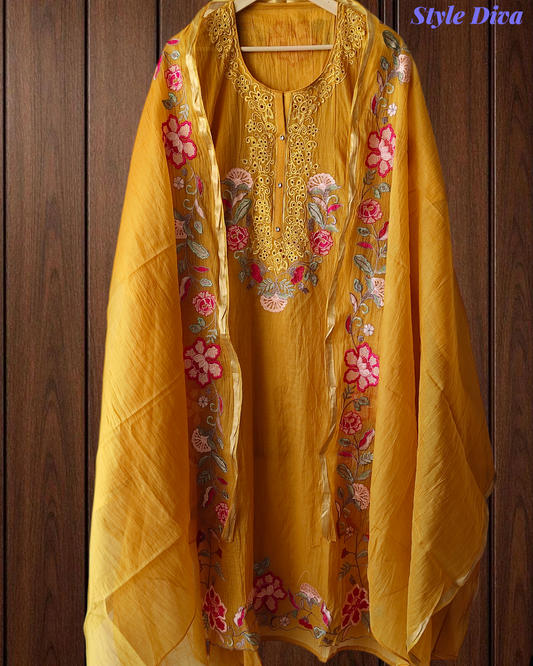 Mul Cotton  Laser Cut & Thread Embroidery Unstitched Suit with Embroidered Dupatta