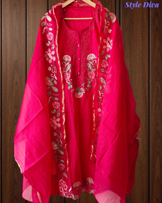Mul cotton  Laser Cut & Thread Embroidery Unstitched Suit with Embroidered Dupatta