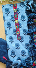 Pure Cotton Block Print Effect Suit with Kantha Work & Printed Dupatta