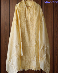 Cotton Linen Pakistani Style Crochet Lacing Semi-Stitched Suit with Linen Dupatta