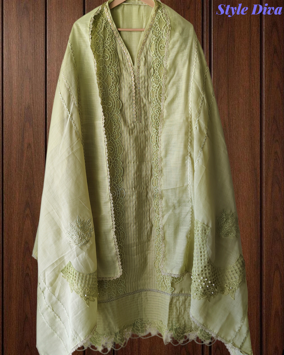 Cotton Linen Pakistani Style Crochet Lacing Semi-Stitched Suit with Linen Dupatta